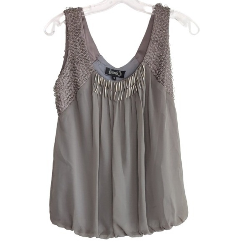 Y2K Hannah Jo Women's Small Grey Sheer‎ Bubble Metal Detail Chainmail Tank Top